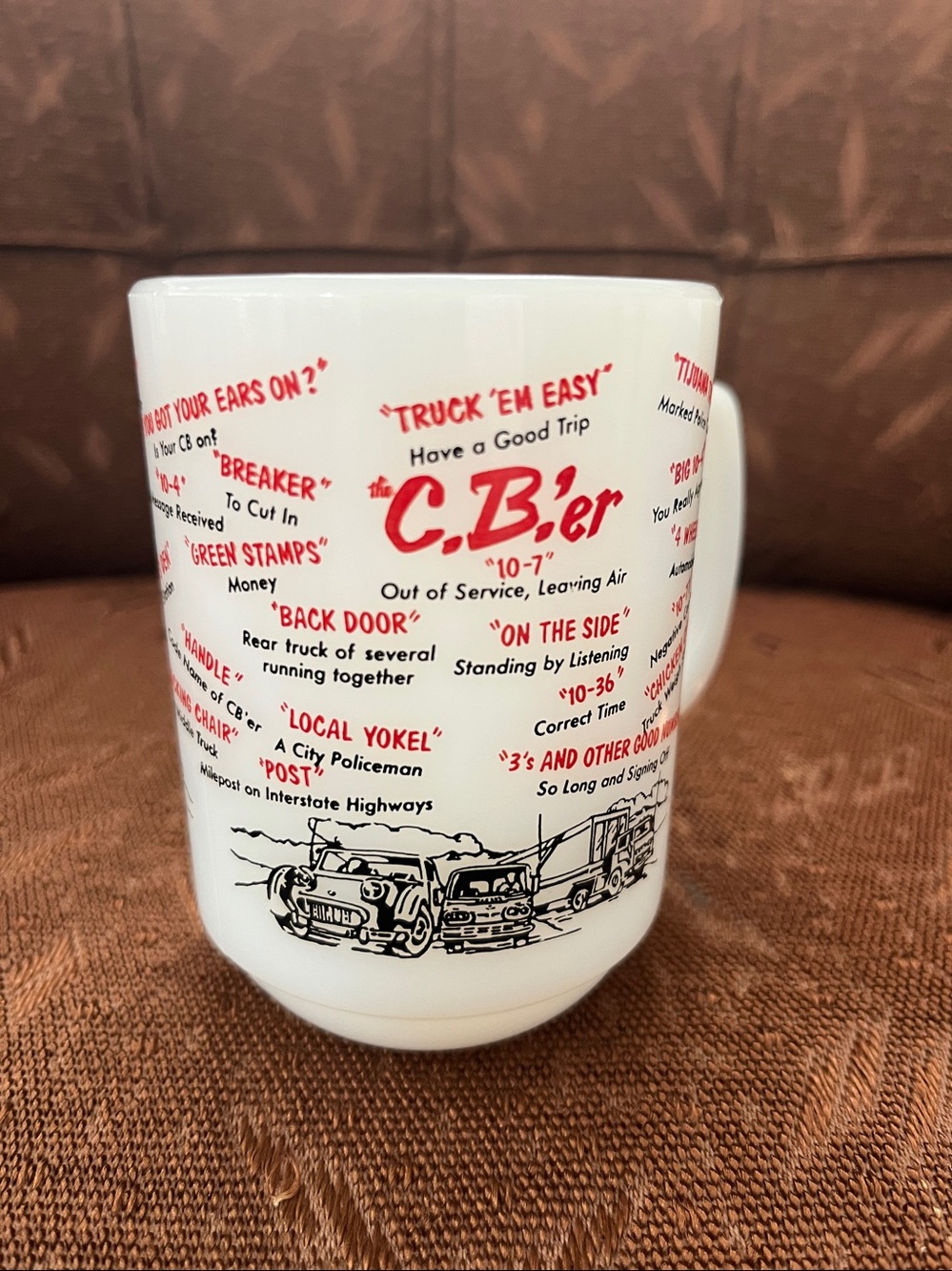Vintage CB’er Trucker Anchor Hocking Fire King Milk glass mug